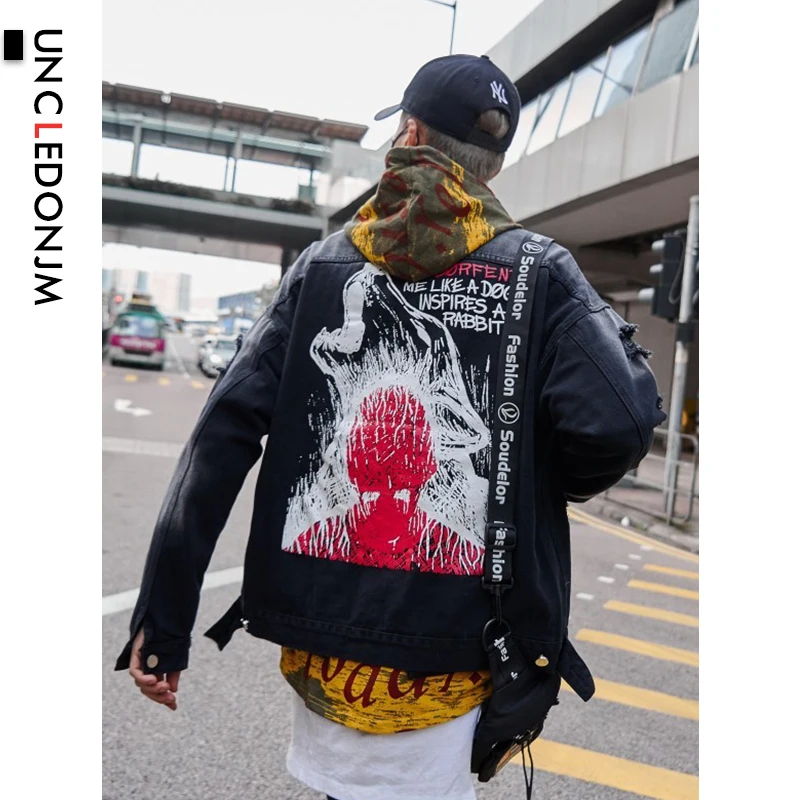 UNCLEDONJM джинсовые куртки мужские высокие уличные джинсы с принтом волка куртка