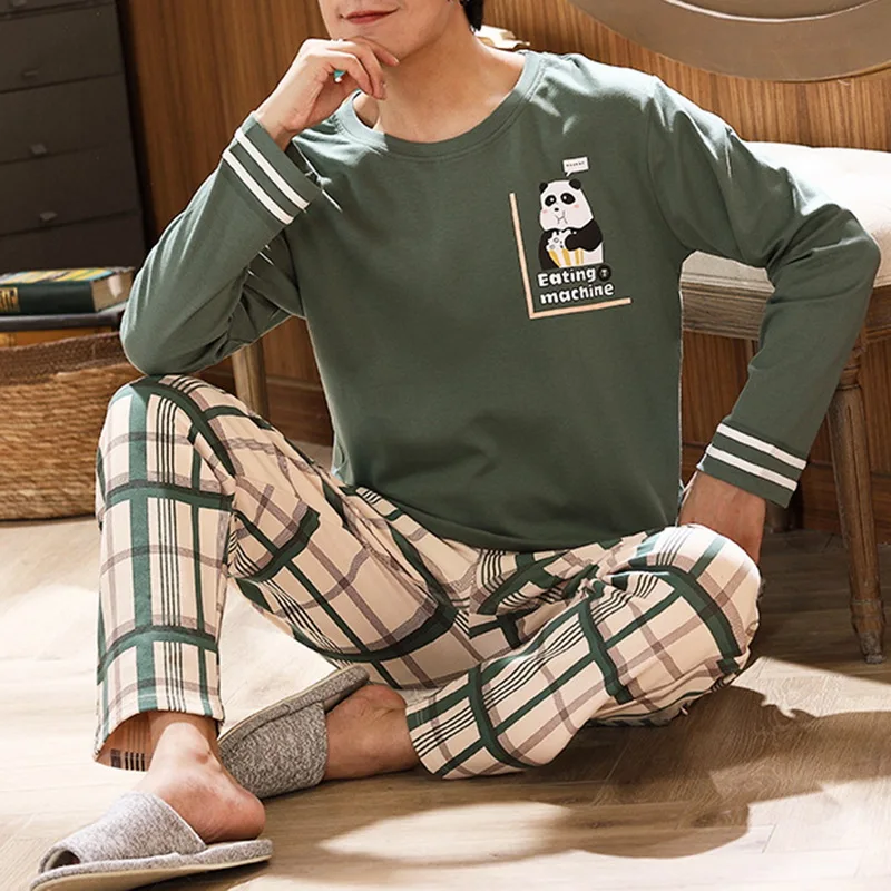 

Хлопковый пижамный комплект с длинным рукавом для мужчин, милая зеленая мультяшная Мужская одежда для сна, Весенняя теплая Повседневная До...