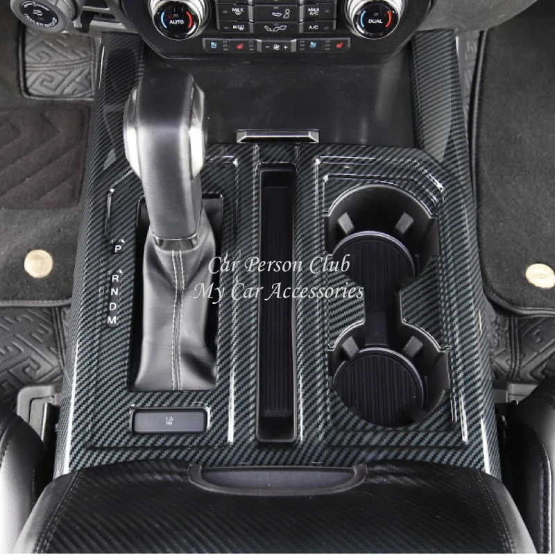 Carbon Fiber Gear Shift Water Cup Holder Panel Overlay Cover Trims For Ford Raptor F150 2017 2018 2019 2020 Car Accessories