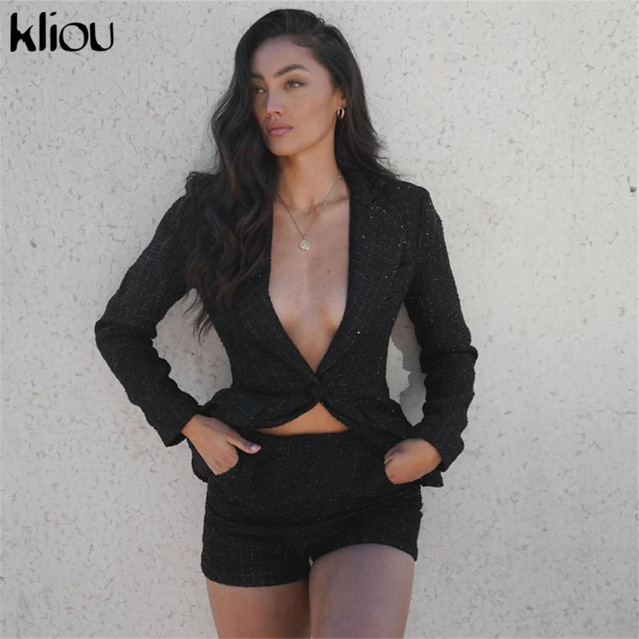 

Kliou Outwear Two Piece Set Women Elegant Classy Sexy Cleavage Long Sleeve Business Suit Top+Stretchy High Waist Pants Outfits