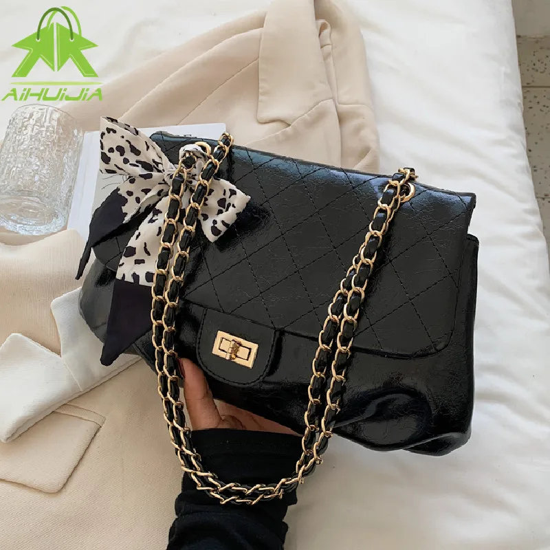 

Luxury Chain Crossbody Bags For Women New Fashion Ribbon Shoulder Bag Ladies Designer Handbag Retro PU Leather Messenger Bags
