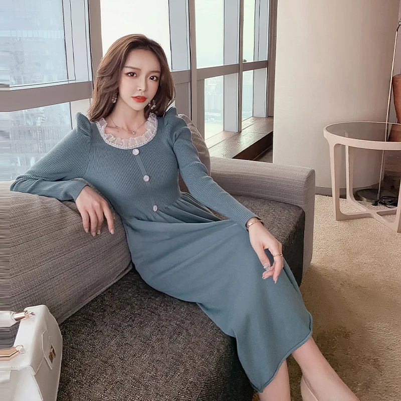 

Winter han edition sweater knitting hubble-bubble sleeve long sleeve lace collar women dress warm