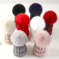 zjbechahmu fashion new real fox fur mink pompoms15cm hat for women children winter solid wool outdoor warm skullies beanies hats