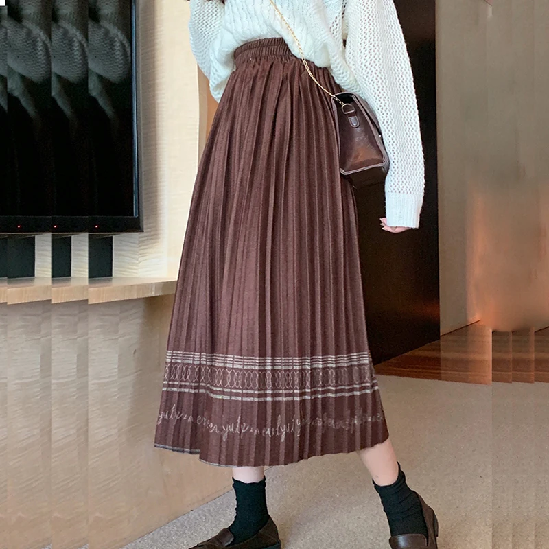 

Autumn Winter Women Stripe Wool Long Pleated Skirts Female Sweet Small Fresh Vintage National Style Bohemian Skirt Mujer Clothes