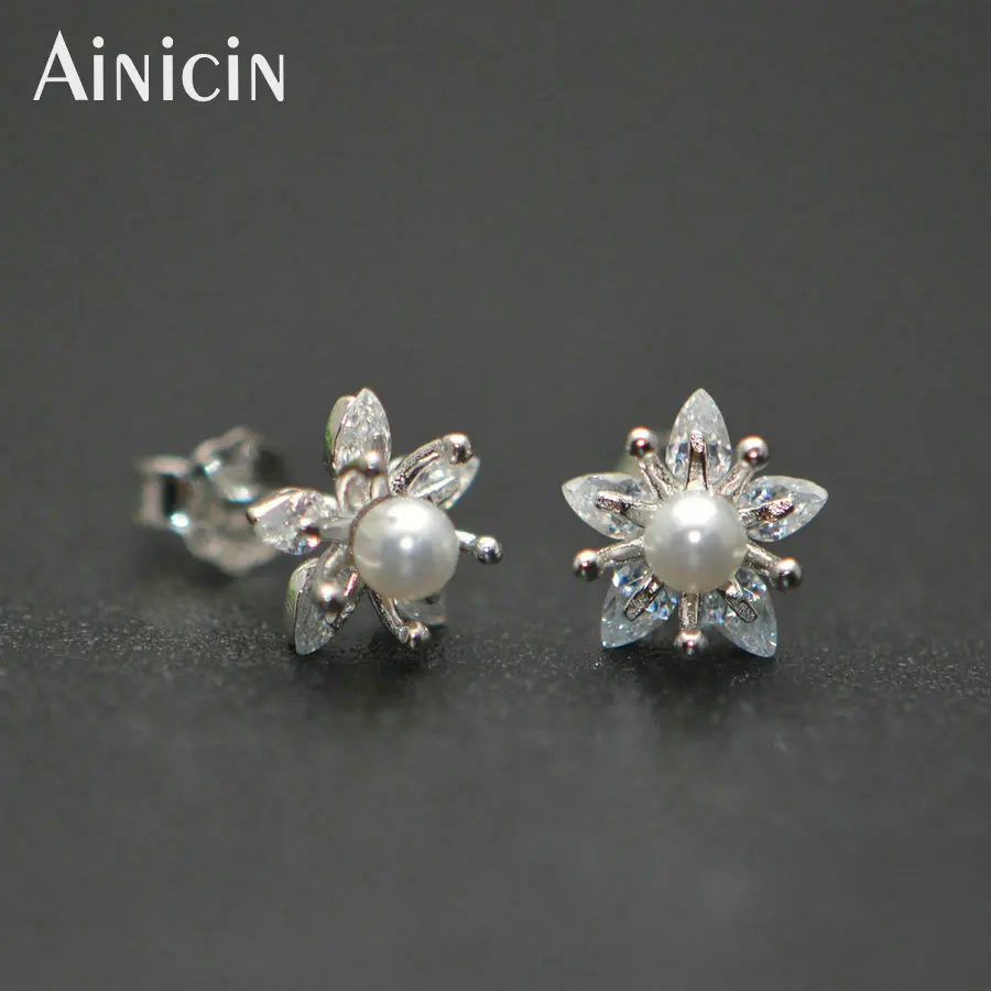 

Cute S925 Sterling Silver Plum Blossom Flower 4mm Natural Freshwater Pearl Setting Fashoin Korean Women Jewelry 12pairs