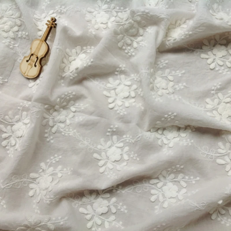 

Cotton Fabric 1 yard Ivory Apricot Embroidered Cloth Blouse Dress Tablecloth Curtains Sewing Material 130cm 51" Wide M4F356