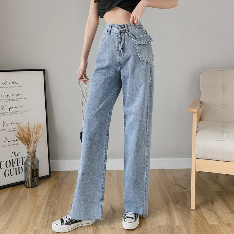 

High Waist Raw Hem Loose Wide Leg Straight Jeans for Women S M L XL