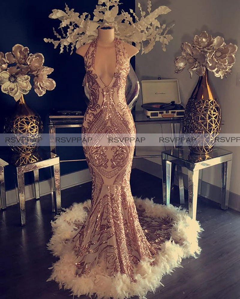 Длинные платья выпускного вечера 2020 с перьями Русалка без рукавов розовое золото