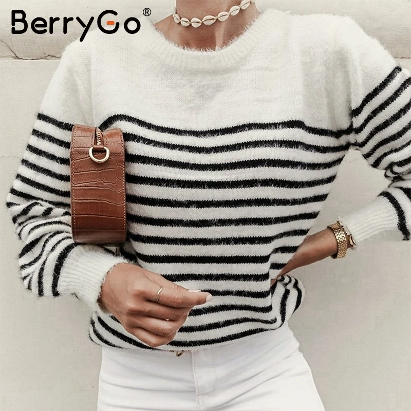 BerryGo Sexy backless mohair pullover sweater women Autumn winter soft female Elegant lace up strip o-neck ladies jumper | Женская