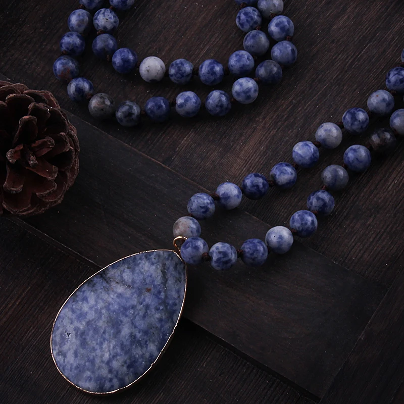 

Fashion Bohemian Jewelry Natural Stone Knotted Stone Matching Drop Pendant Necklaces Women Beaded Necklace