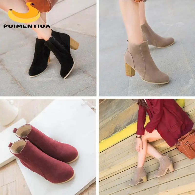 

Korean Fashion Women Ankle Boots Block High Heels Black Burgundy Female Square High Quality Platform Short Boots Zipper