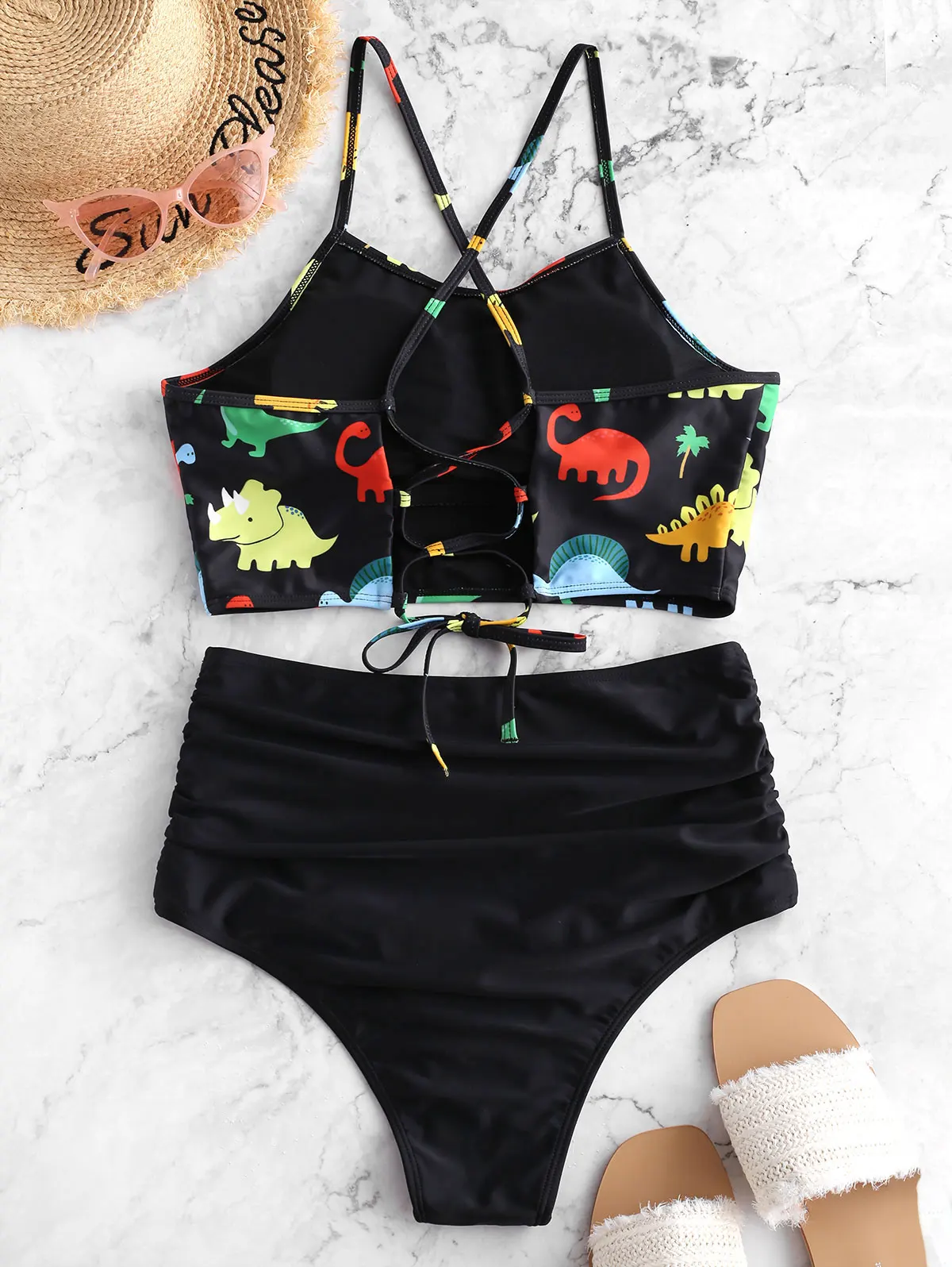 ZAFUL Dinosaur Lace Up Tummy Control Tankini Swimsuit Animal Print Padded High Waisted Tankini Sets Mix And Match Ruched Summer