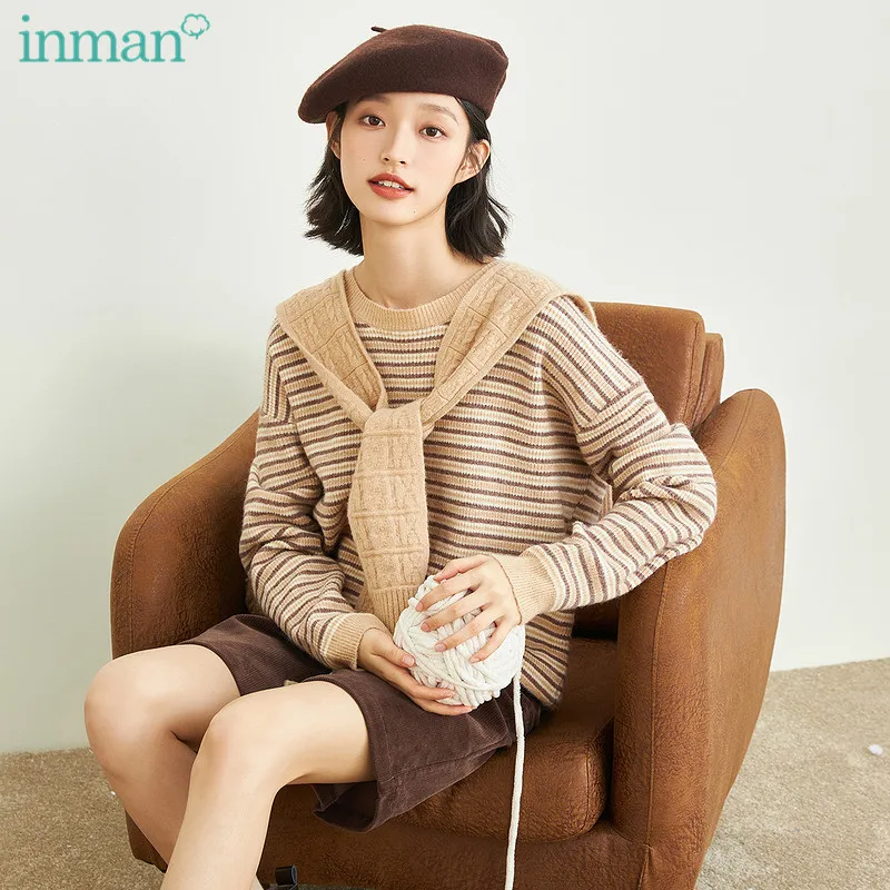 INMAN Women's Sweater Spring Autumn Casual Minimalist Stripe Shawl Pullover Round Collar Loose Korean Fashion Knitted Tops