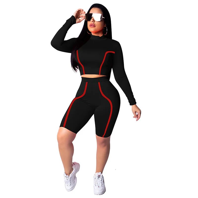 Autumn Women Two Piece Set Stripe Long Sleeve Trutleneck Crop Tops With High Waist Pants Tracksuit Sport Wear Ensemble Femme Rm* |