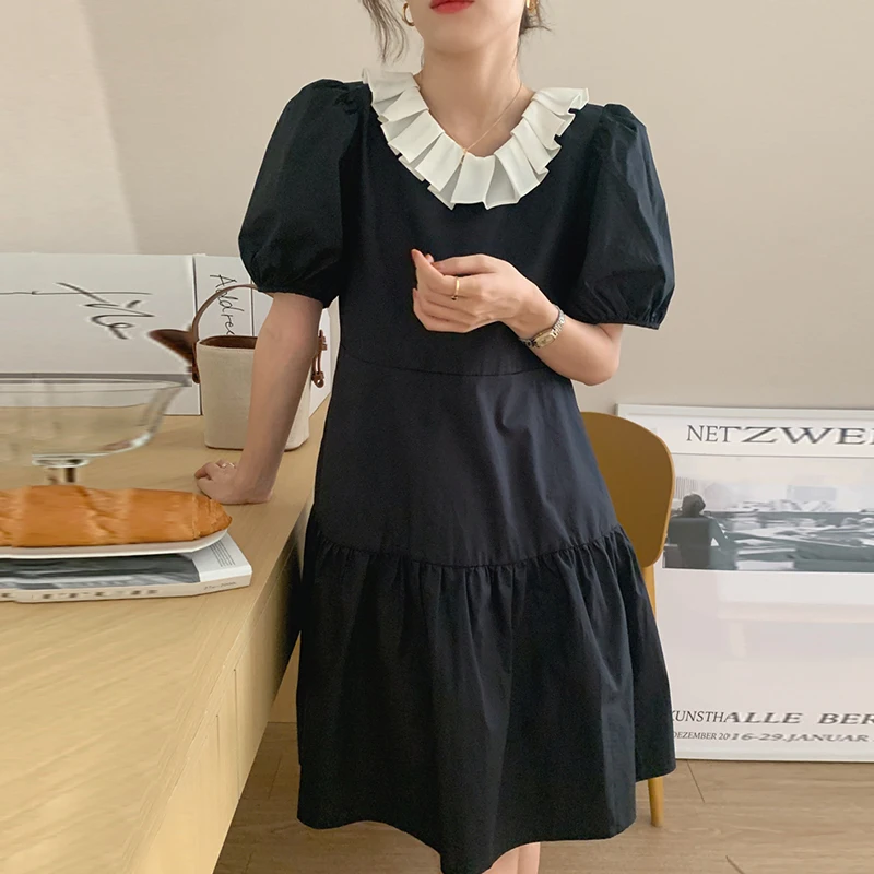 

Женское платье 2022, летнее корейское темпераментное женское платье с воротником-органом, длинное платье с прострочкой, бантом на спине и пыш...