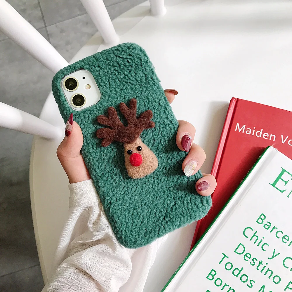 Green Elk Плюшевый чехол с Санта Клаусом для iPhone 11 11 Pro Max, чехол с милым мультяшным оленем, силиконовый чехол для iPhone X XR XS MAX 7 8 6 6S Plus, чехол - Цвет: Green Elk