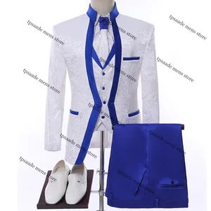 Комплект сценической одежды для мужчин, белый, Королевский синий цвет, свадебный костюм, смокинг для жениха (пиджак + брюки + жилет + галстук)