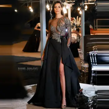 See Thru Black Satin A-line Evening Dresses High Slit Lace Appliques Prom Dress Charming Backless Pageant Gowns robe de soiree