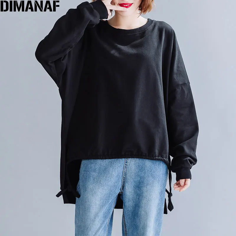 DIMANAF Autumn Winter Plus Size Women T-Shirt Basic Tunic Tops Shirts Cotton Long Sleeve Loose Casual Female Clothes Solid Black
