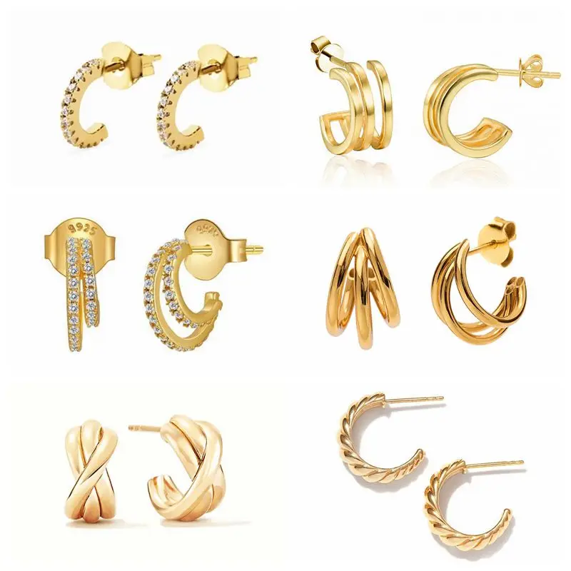 

925 Sterling Silver C-Shaped Zircon Stud Earrings Luxury Gold Earrings For Women Piercing Earrings Europen Jewelry Pendientes