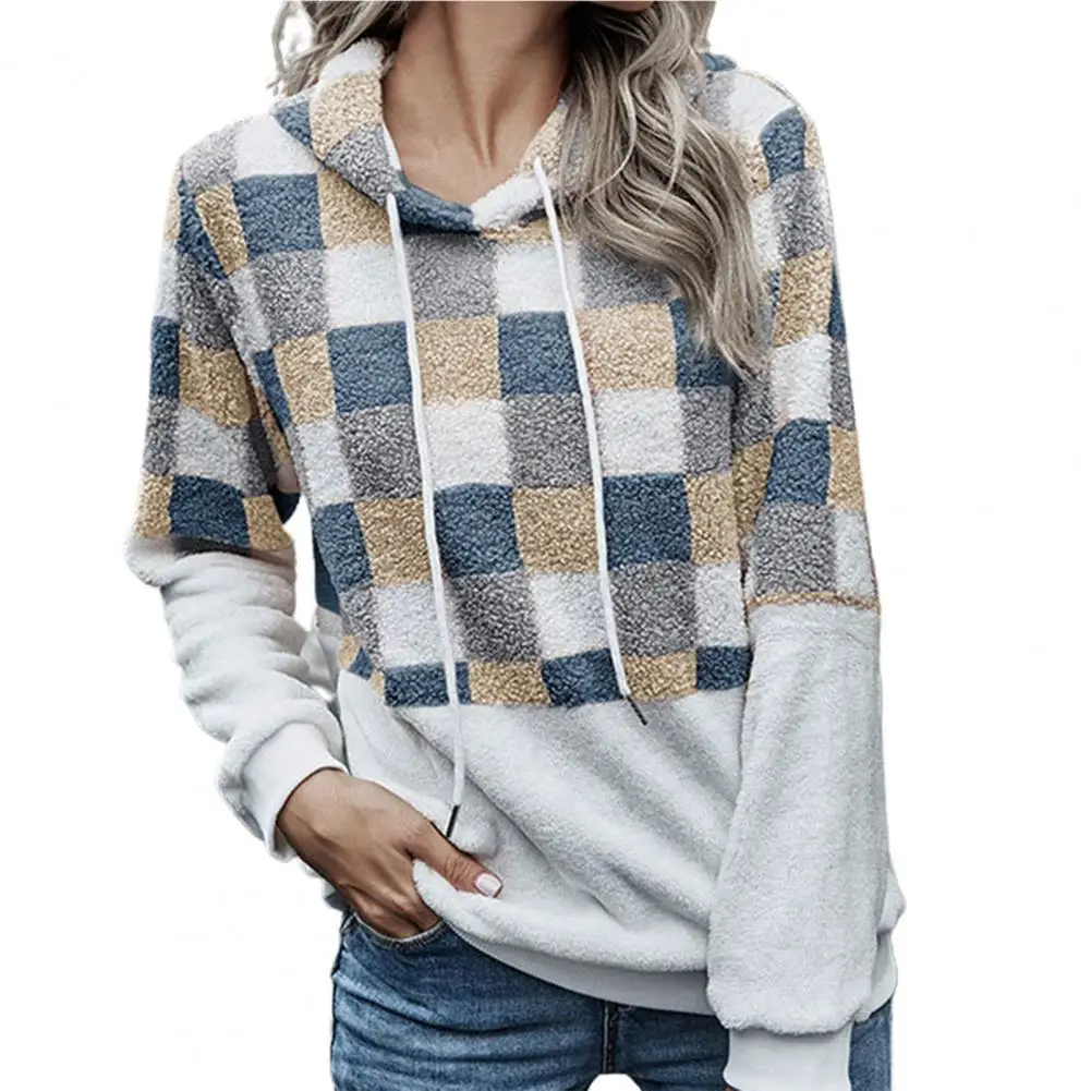 

All Match Stylish Plaid Stitching Pullover Hoodie Plush Women Sweatshirt Fluffy Ladies Clothing
