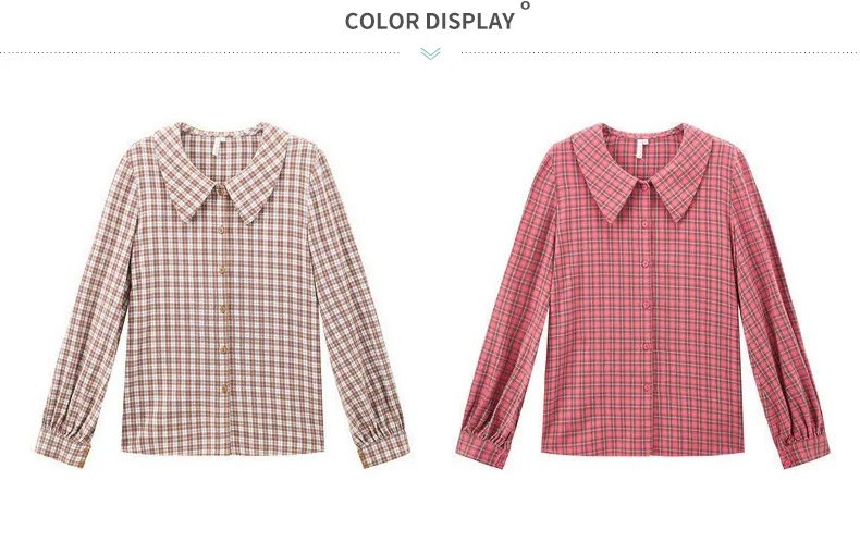 INMAN Winter New Arrival Literary Retro 100%Cotton Doll Collar Plaid Loose Long Sleeve Women Blouse