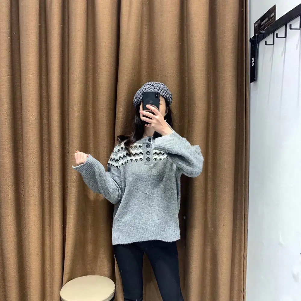 ZA новый весенний женский серый полосатый вязаный свитер с круглым вырезом и