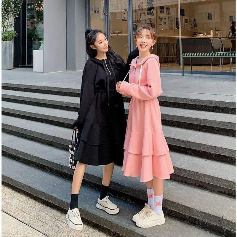 Vintage Long Sleeve Solid Zipper A-Line 2020 New Fashion Thickening Midi Skater Hem Loose Autumn Dress School Warm Hat Women | Женская