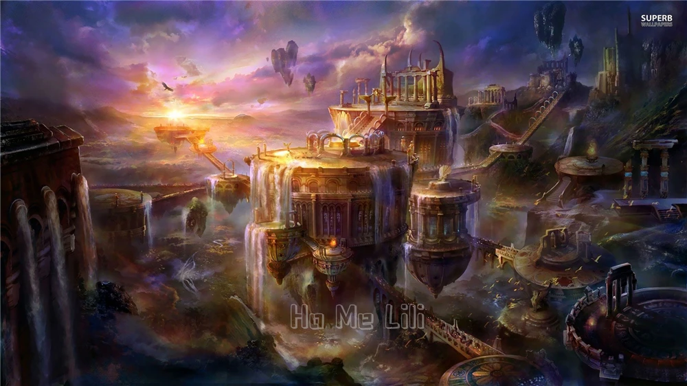 Tapiz de animaci&oacute;n de Ciudad de fantas&iacute;a, decoraci&oacute;n de arte para interiores-2