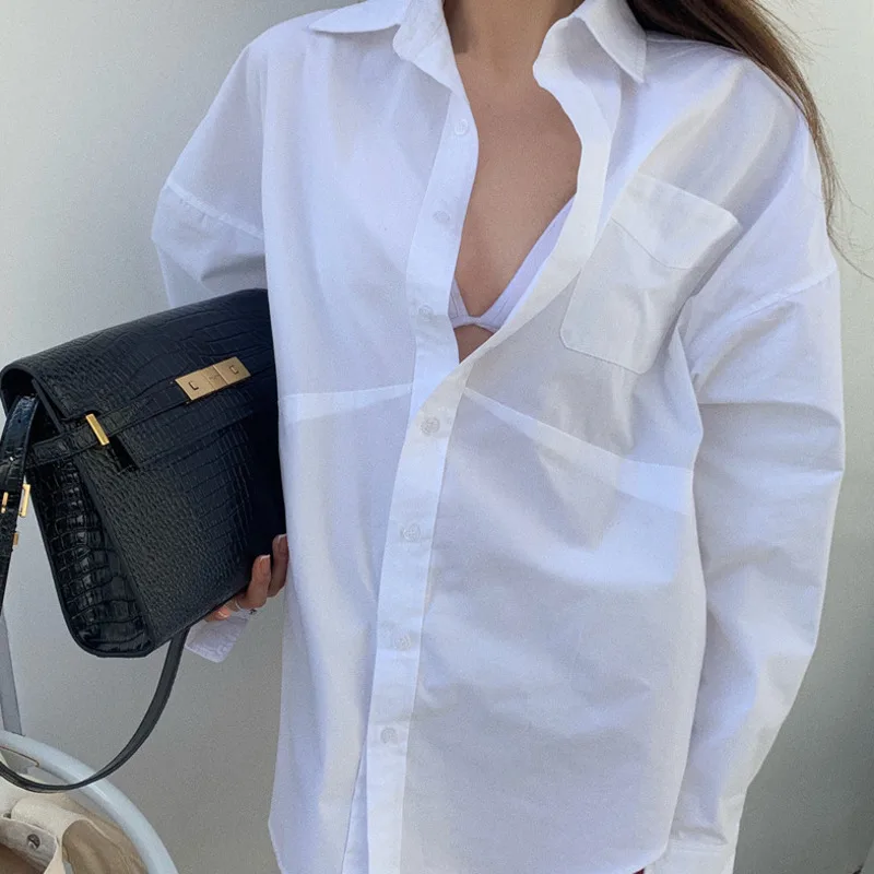 

IEQJ Women White All Match Daliy Beach Single Breasted Blouse New Lapel Long Sleeve Loose Shirt Fashion Tide Summer 2021 3F0348