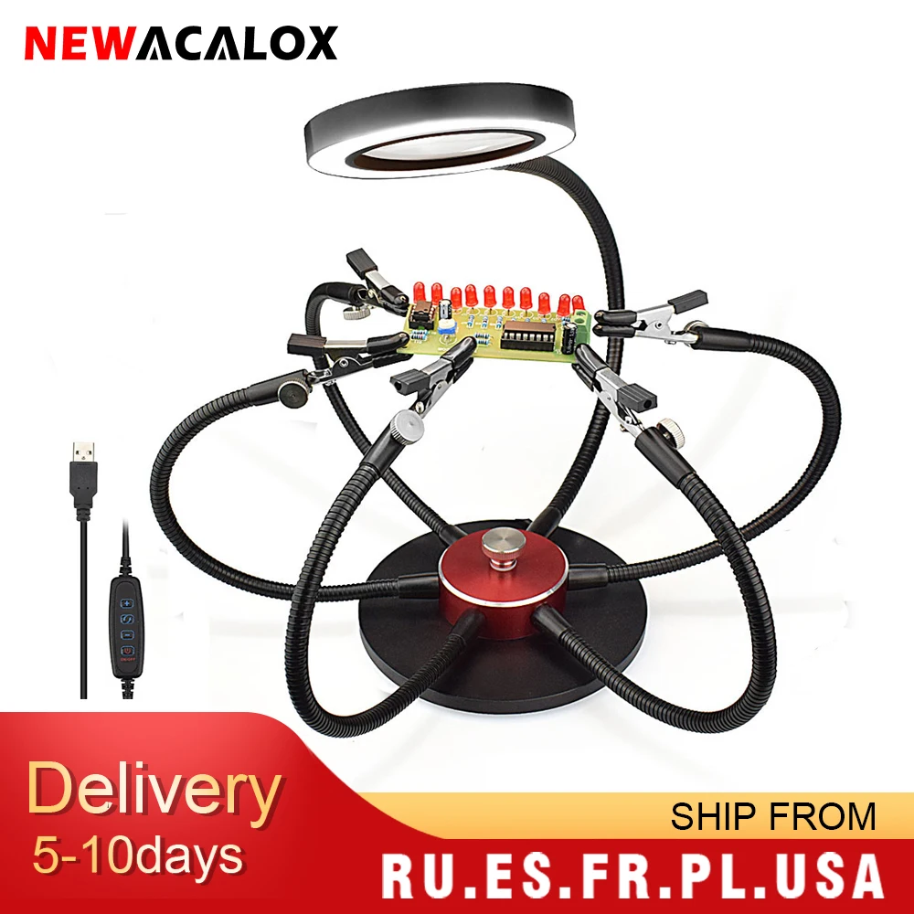 Держатель паяльника NEWACALOX USB светодиодный фонарь 3X увеличительное стекло 6 шт.