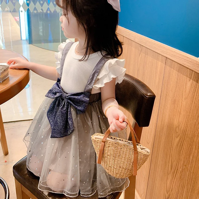 Платье с бантом для девочек костюм футболка в полоску рукавами-крылышками + жилет