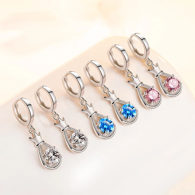 

KOFSAC New 925 Sterling Silver Earrings For Women Shiny Zircon Blue Crown Water Drop Hoops Ear Jewelry Lady Wedding Accessories