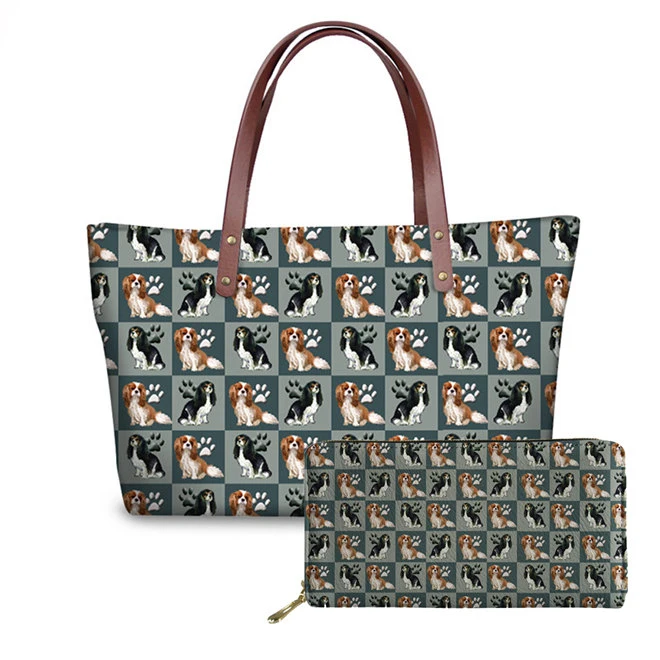 

Cavalier King Charles Spaniel Dog Prints Bags for Women 2019 New Fashion High Quality Women Handbags Set with Purse