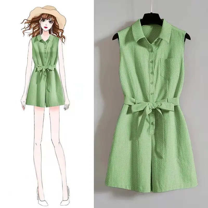 Oversized Woman Clothing New Summer Overalls For Women 2022 Sleeveless Female Jumpsuit High Waist Green Playsuits With Bandage |