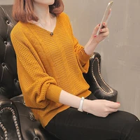Free Size Vintage V Neck Sweater Women Autumn Casual Bating Sleeve Jumper Female Korean Fashion Pullover Winter