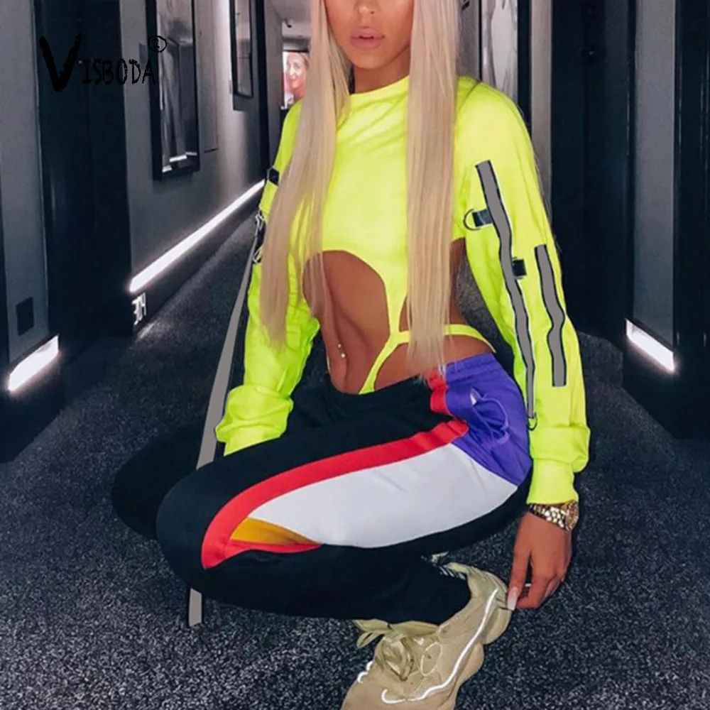 Для женщин неоновый зеленый Боди Хай стрит узкие светоотражающие с длинным