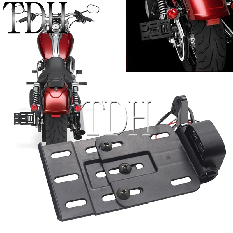 

Telescopic Adjustable Side Mount License Plate Frame Bracket Folding Support w/LED Light for Harley Sportster XL883 XL1200 XL48