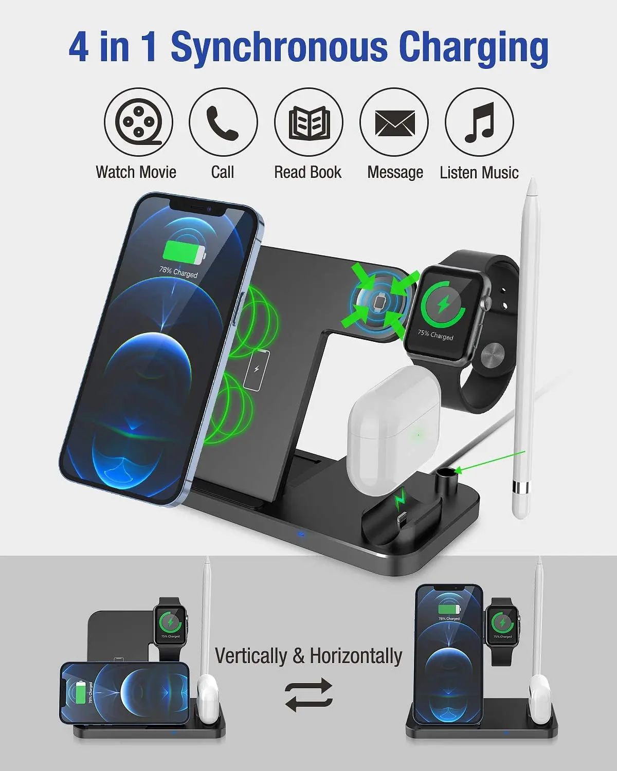 wireless charger station 4 in 1 qi fast charging stand dock for apple watch iwatch 7 6 se airpods pro iphone 13 12 11 xs xr x 8 free global shipping