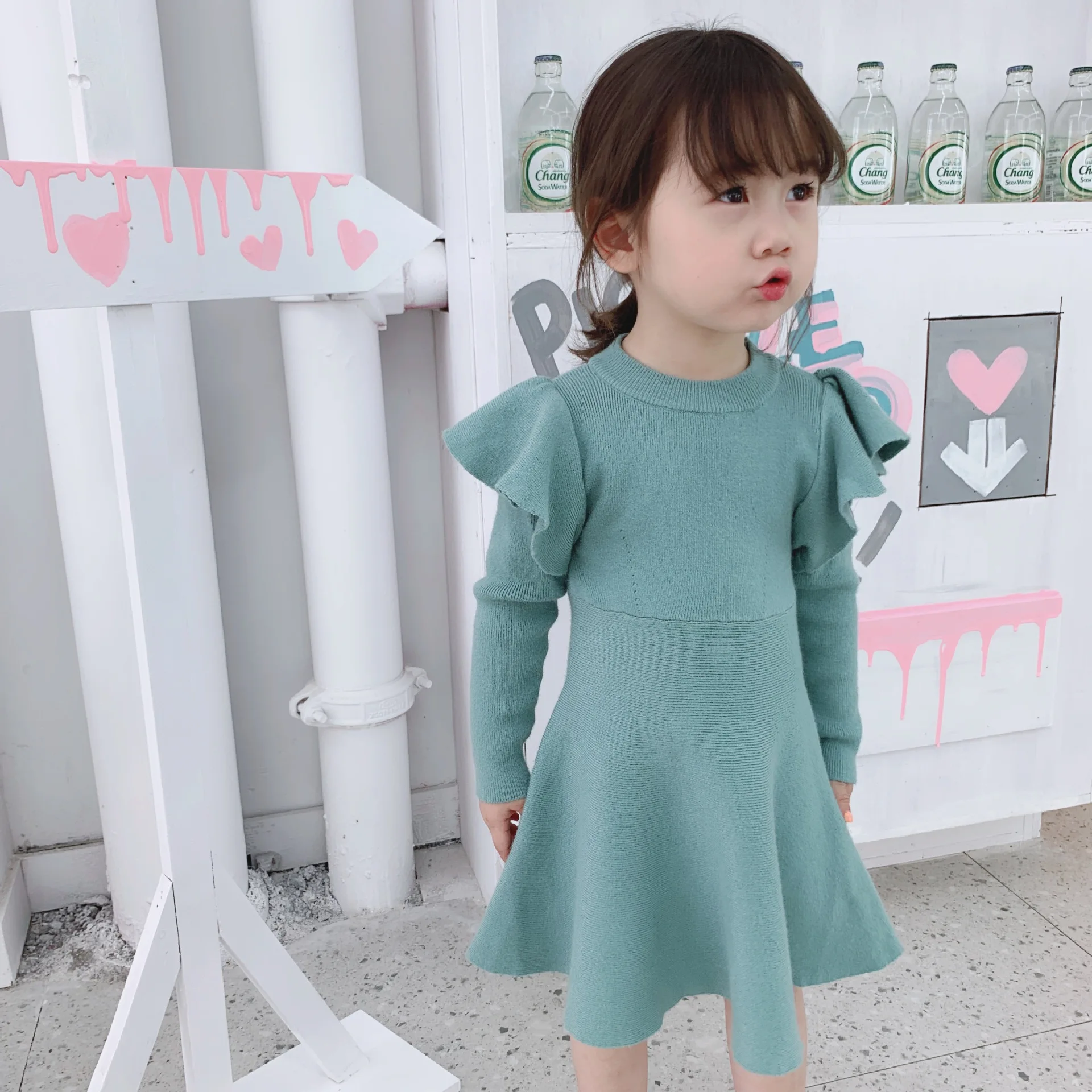 

2021 Autumn And Winter New Ruffled Round Neck Jumper Sweater Dress Korean Girls Cute Dress High Quality For Party Dress