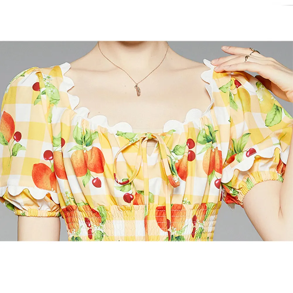 

Merchall 2021 Elegnt Lace Up Patchwork Plaid Long Dress Woman Yellow Flower Print Puff Sleeve Elastic Waist Beach Dresses M66183