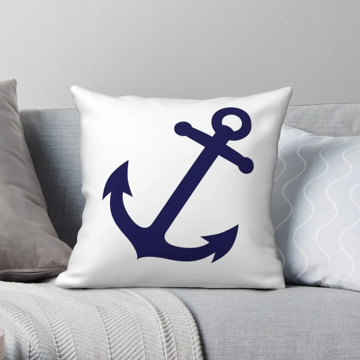 Темно-синий квадратный чехол для подушки с якорем полиэстеровый льняной