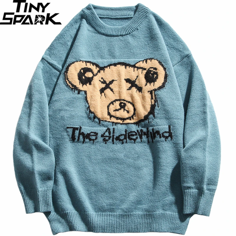 

2021 мужской уличная одежда в стиле хип-хоп вязаный свитер Забавный Медведь свитер Харадзюку джемпер Повседневный пуловер свитер синий осень...
