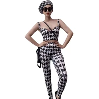 plaid printing jumpsuit mesh gauze sleeveless stretch outfit party evening costume personality houndstooth pant suits women