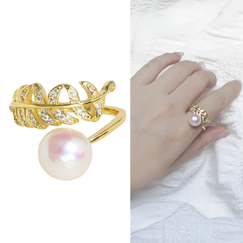 

FUN-BEAUTY Fashion Hot New Female Ring S925 Silver Wheat Ear Leaf Pearl Ring Wild Simple Oblate Pearl Opening Adjustable Ring