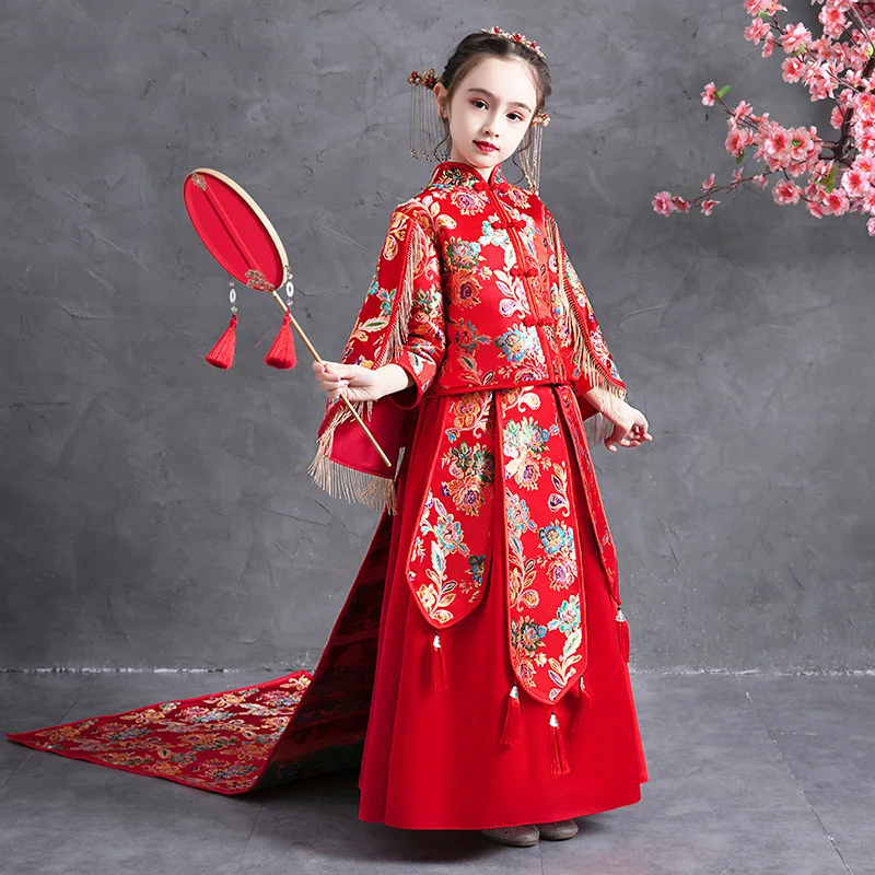 

Китайское Новогоднее платье Hanfu для девочки, детское свадебное платье с цветами для девочки, Детские платья для фотографий, платье-Ципао для...