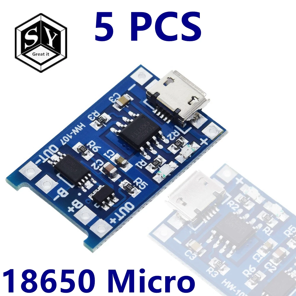 Зарядное устройство для литиевых батарей 18650 с двойной функцией защиты TP4056 на 5 штук с микро USB 5V 1A модулем.