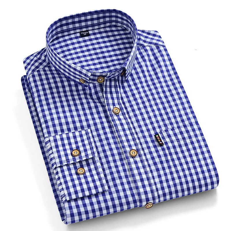Thin 100% Cotton Plaid Shirts for Men Long Sleeve Regular Fit Checkered Dress shirt Mens Blue New 2020 Soft Comfortable Male