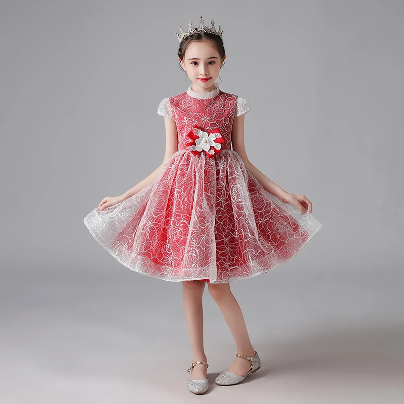 

Flower Girl Dresses Illusion Embroidert Pearls High Short Princess Knee-Length Tulle Lace Luxury Pink Cute Kids Party Gown H637