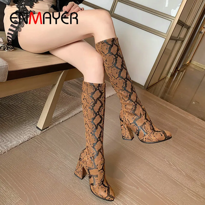 

ENMAYER 2019 Slip-On Stretch Fabric Knee High Boots Women Shoes Csaual Hoof Heels Basic PU Winter Boots Women Size 34-43